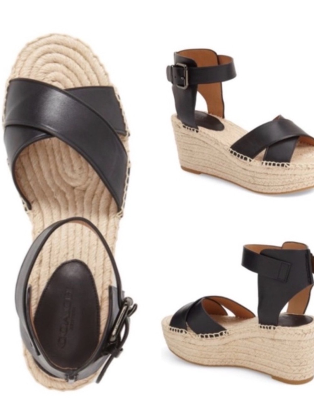 Coach Primrose Black Leather Platform Wedge Espadrille Sandal Sz8.5 Like New